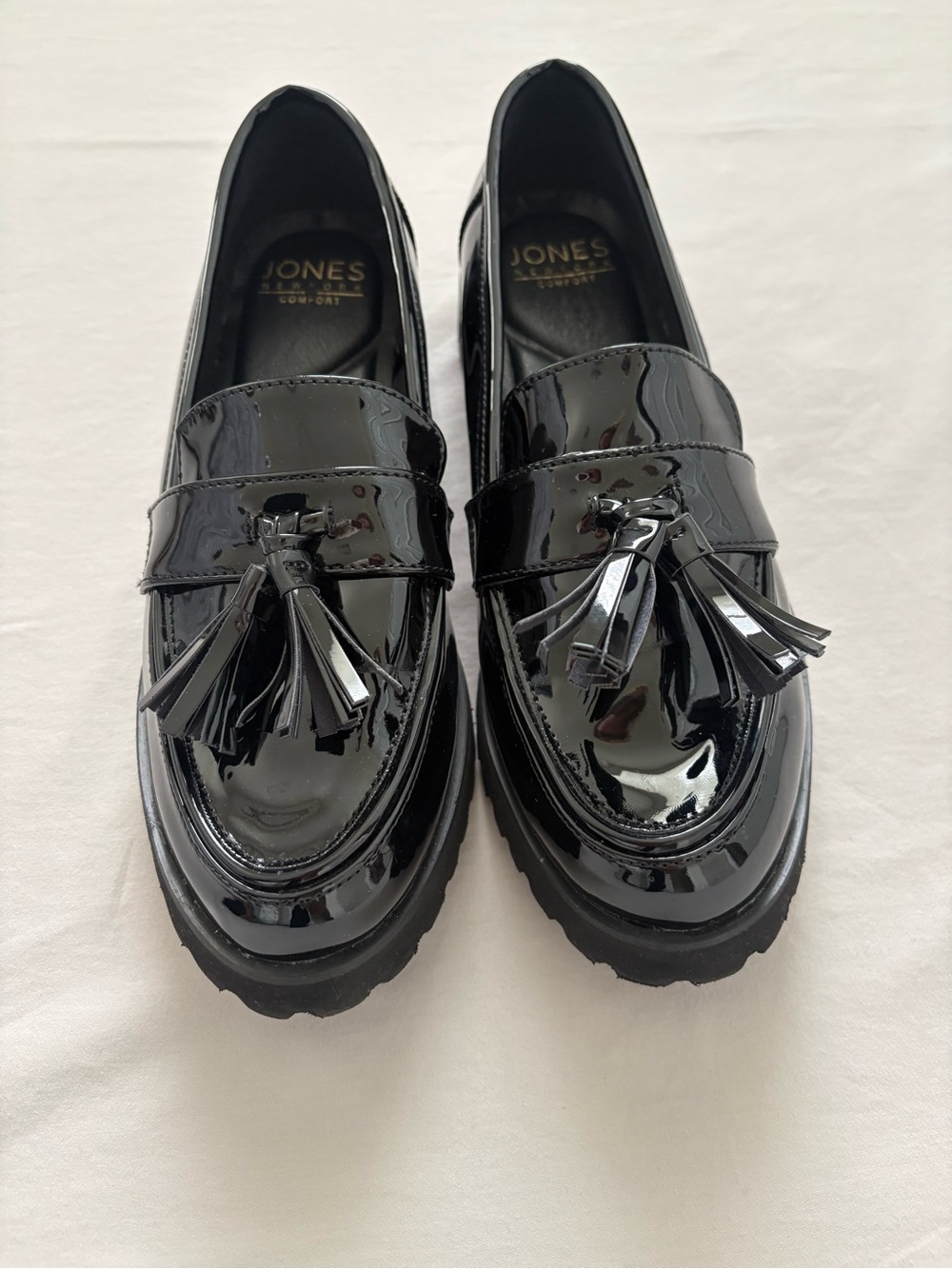 Jones New York Priscilla Loafers Womens 8 Black Patent Tassel Lug Sole Shoes